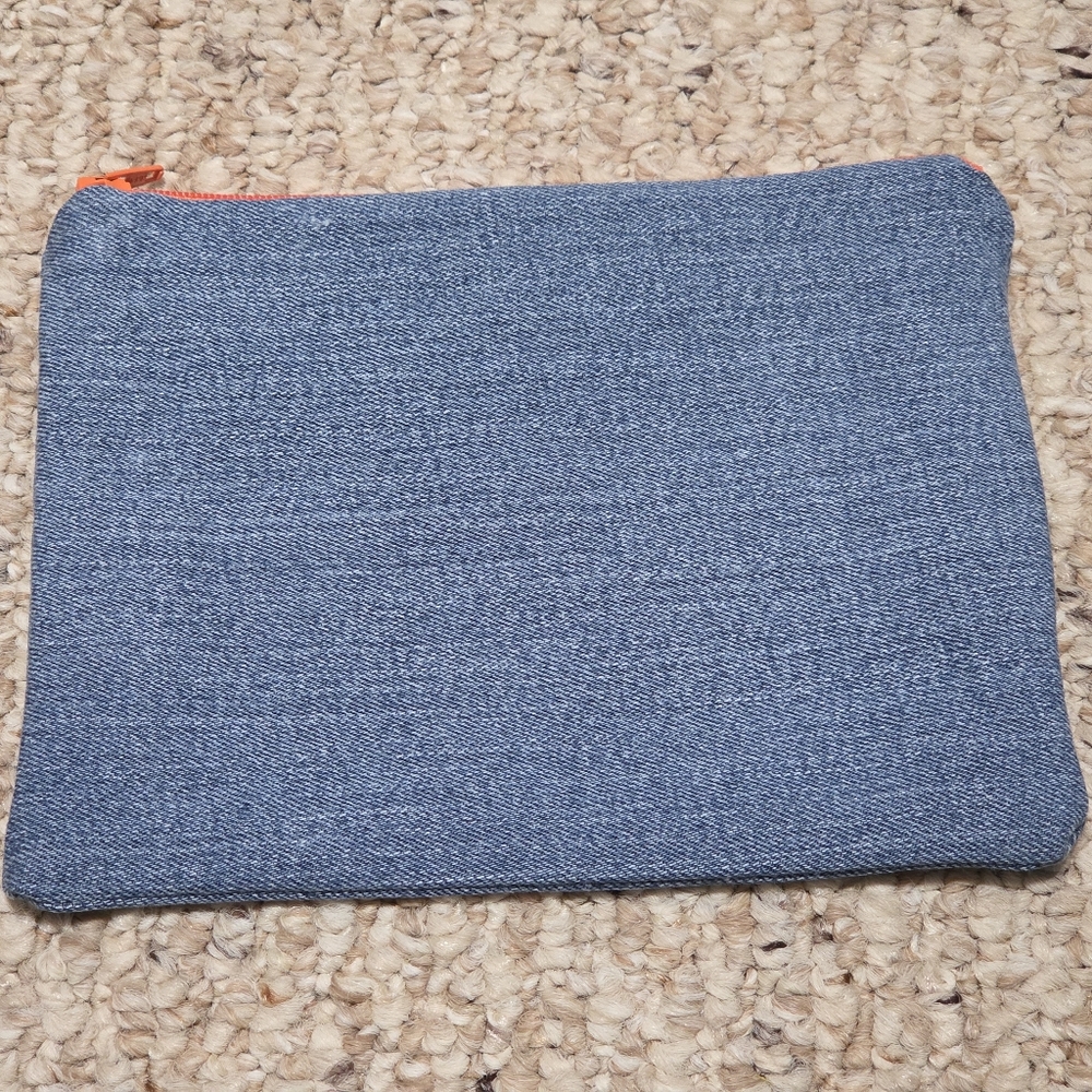 Blue Denim Pouch With Orange Zipper And Lining